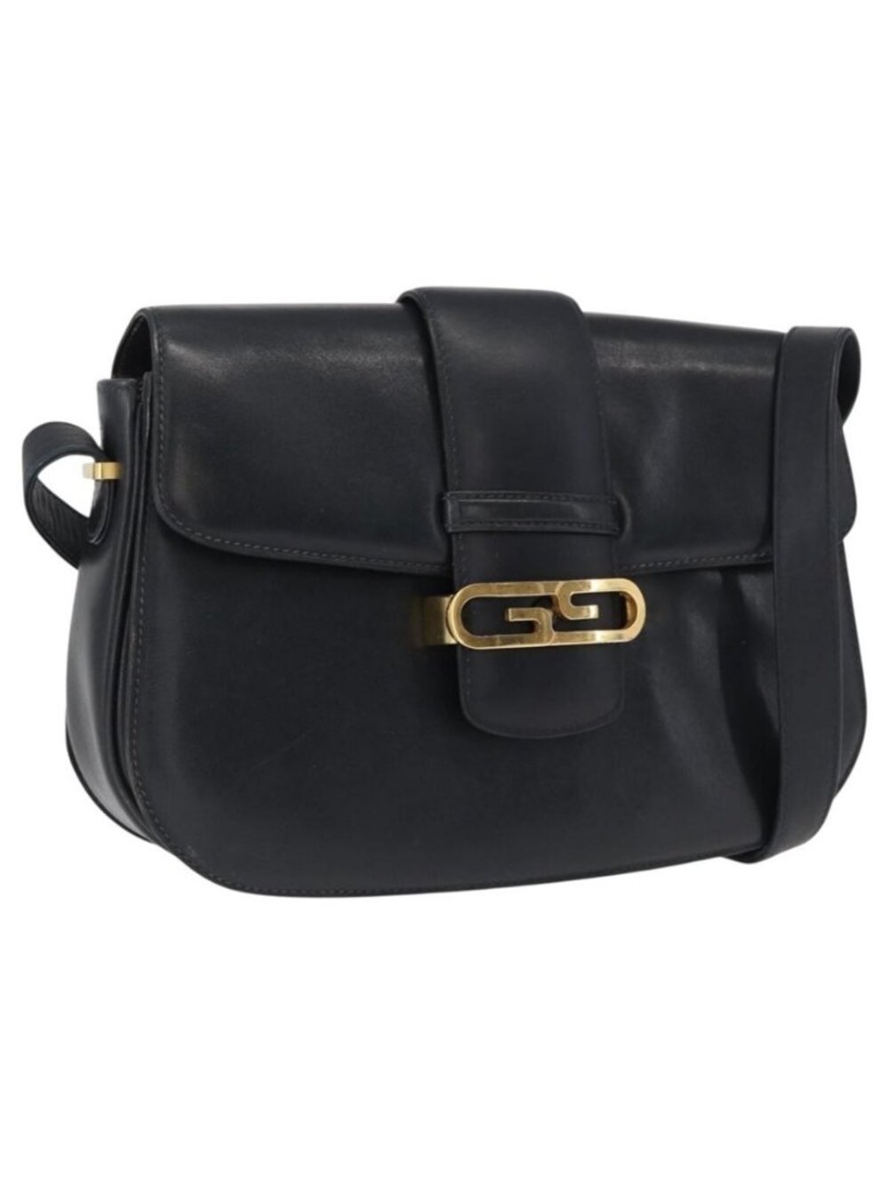 Authentic GUCCI Shoulder Bag Leather Navy Gold